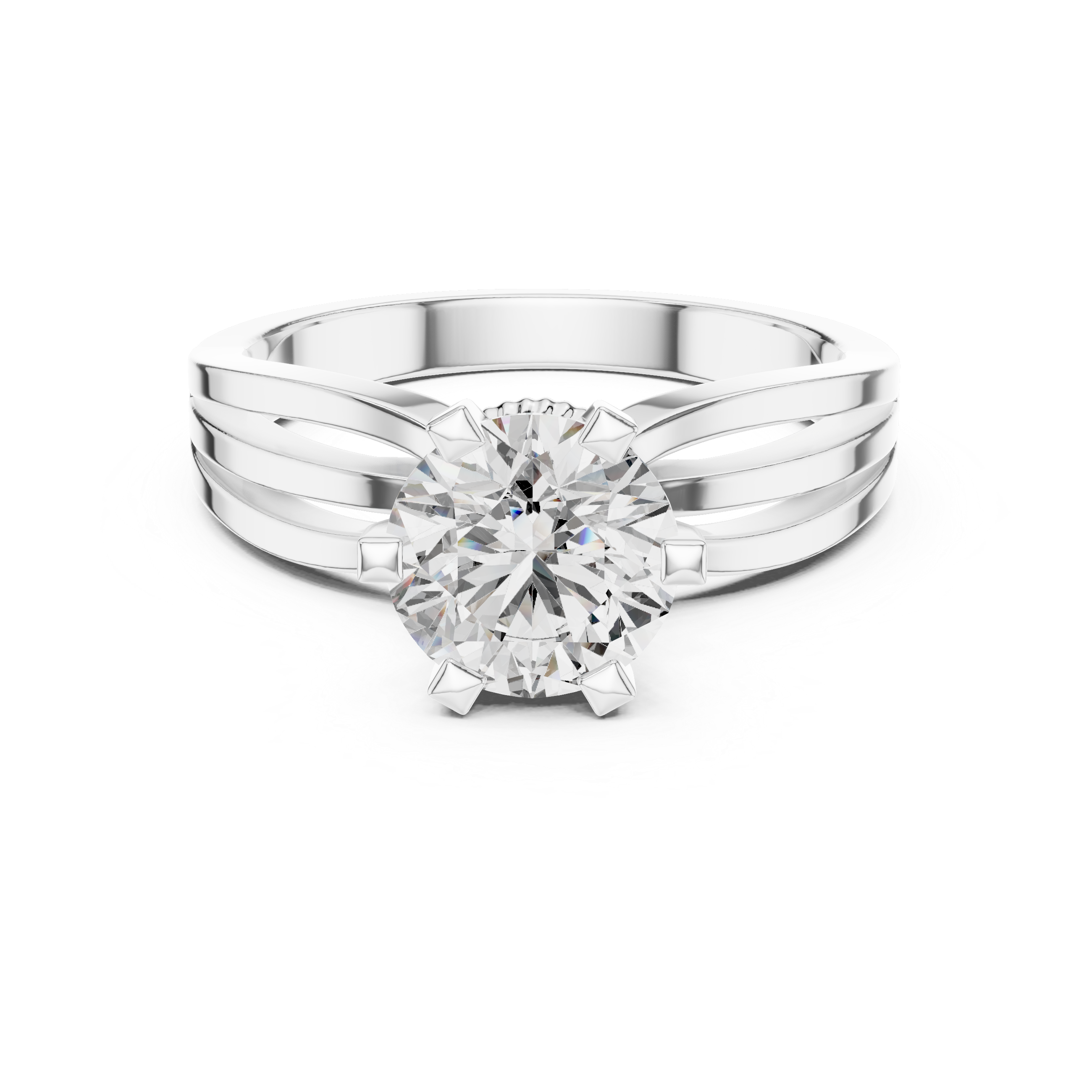 Silver ring with a large diamond on a white background